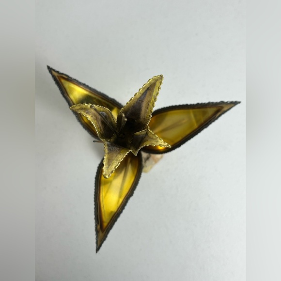 MCM Brutalist Floral Sculpture Brass Copper Signed John DeMott Onyx Base - Picture 11 of 15